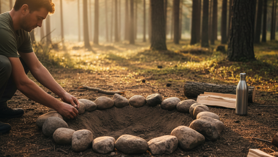 Doğada güvenli ateş yakmak için temizlenmiş ve taşlarla çevrilmiş zemin.