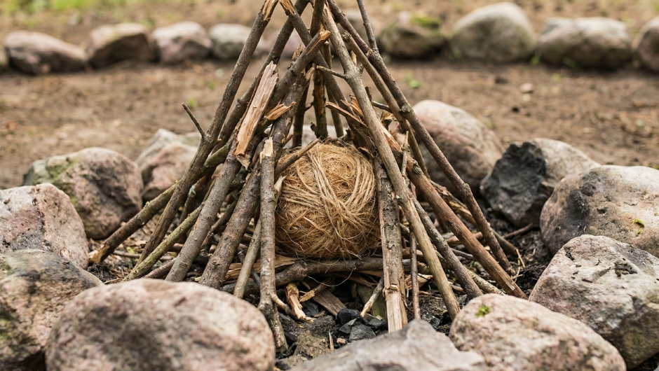 Tutuşturmaya hazır çadır yöntemi (teepee) ateş düzeni.