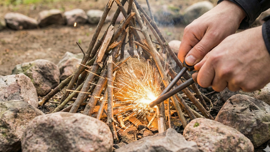 Ateş başlatıcı çubuk ve ferro rod ile kava kıvılcım çakma anı.