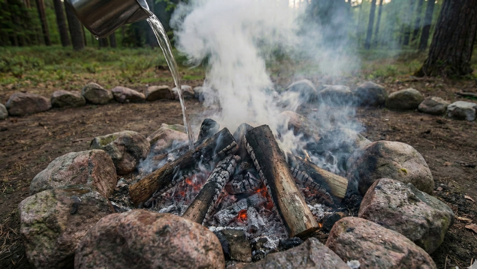 Kamp ateşinin üzerine su dökerek güvenli söndürme ve buhar çıkışı.
