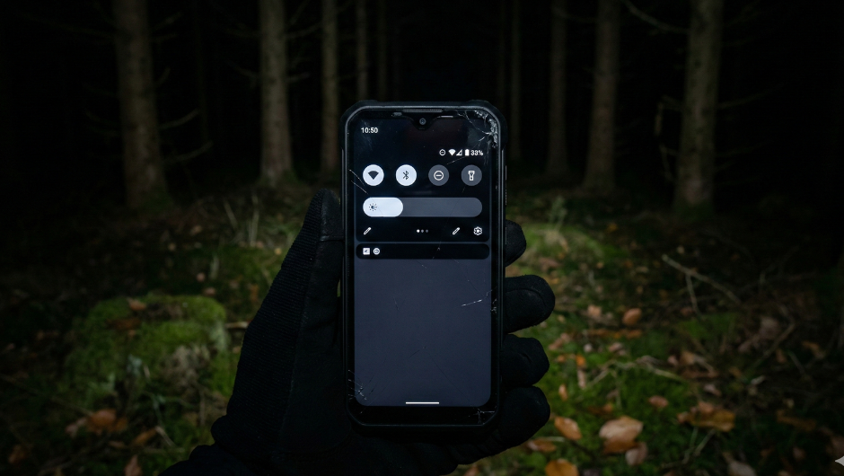 Acil durumda pil tasarrufu için karanlık modda ve en düşük ekran parlaklığı seviyesine ayarlanmış akıllı telefon