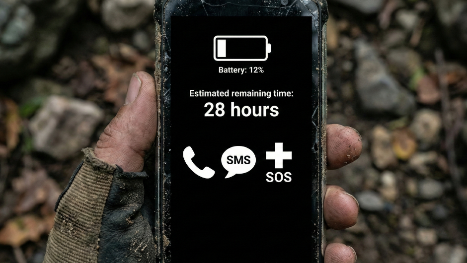 Acil durumda pil ömrünü maksimuma çıkarmak için süper güç tasarrufu moduna alınmış, siyah arka planlı ve sadece temel ikonların olduğu akıllı telefon ekranı
