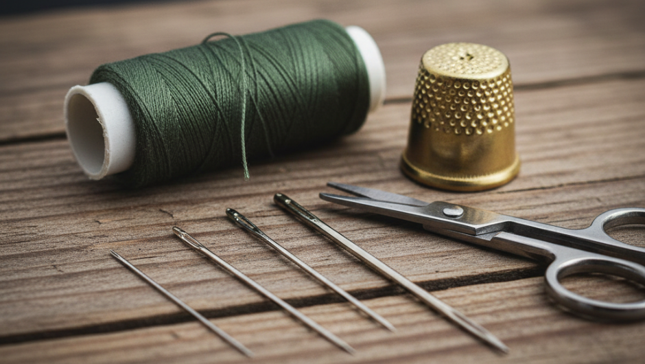 Hayatta kalma ve tamir için temel dikiş seti: Sentetik iplik, farklı iğneler, makas ve yüksük