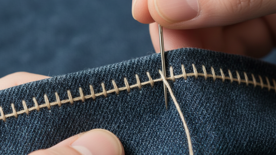 Sökülen dikişleri onarmak için kumaş üzerinde uygulanan düz dikiş (running stitch) tekniği