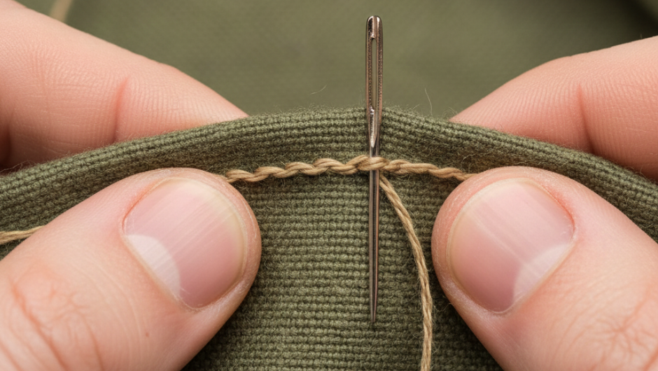 Yırtıkları onarmak ve en sağlam dikişi elde etmek için uygulanan geri dikiş (backstitch) tekniği