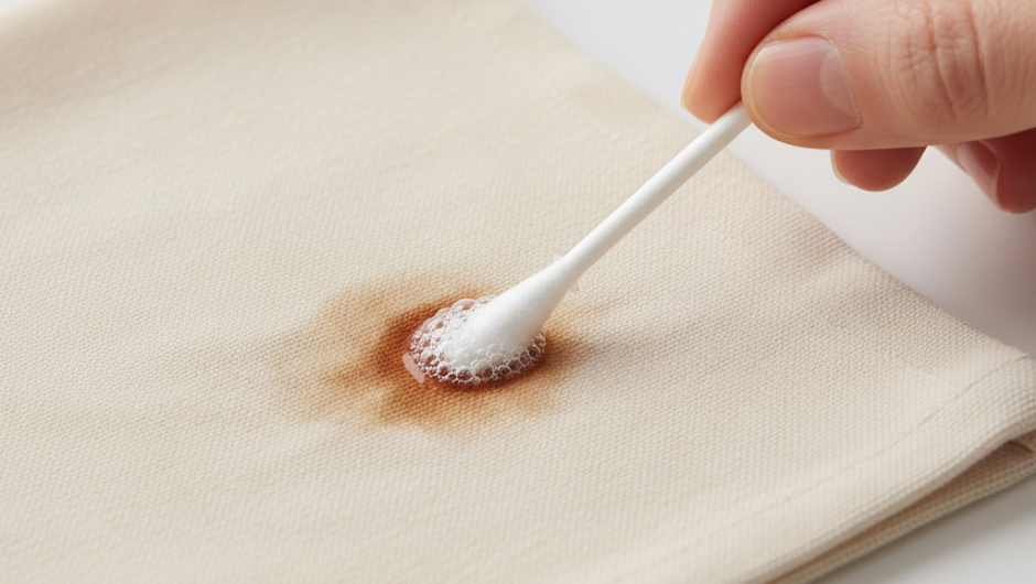 Kan lekesini çıkarmak için beyaz kumaş üzerinde oksijenli su (hidrojen peroksit) ile tampon uygulama