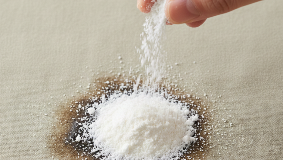 Yağ ve gres lekesini kumaştan çıkarmak için leke üzerine mısır nişastası veya karbonat serpilmesi