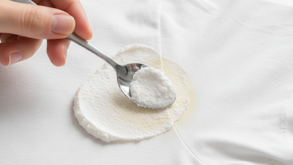 Ter ve deodorant lekesini çıkarmak için sararmış bölgeye karbonat ve oksijenli su macununun sürülmesi