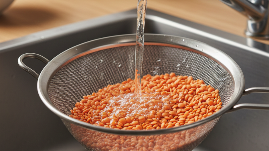 Mercimek çorbası için kırmızı mercimeklerin nişastasından arınmak üzere soğuk su altında yıkanması