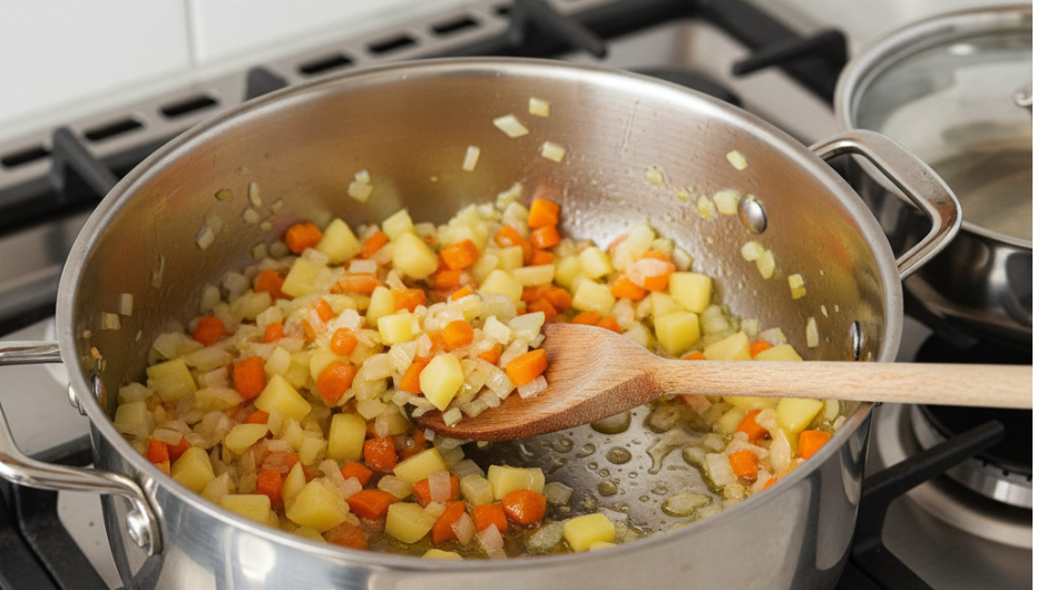 Mercimek çorbası için tencerede soğan, havuç ve patatesin zeytinyağında sotelenmesi