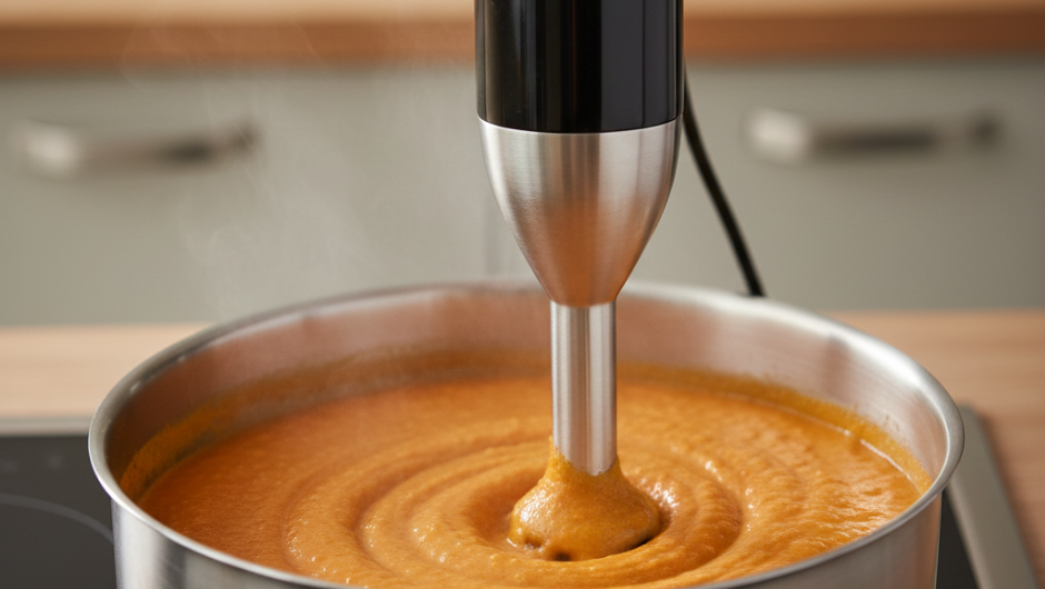 Mercimek çorbasına pürüzsüz kıvam vermek için el blenderı (çubuk blender) ile çorbanın tencerede çekilmesi