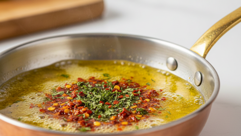 Mercimek çorbasının servisi için tereyağında nane ve pul biber (chili flakes) kızdırılarak sos hazırlanması