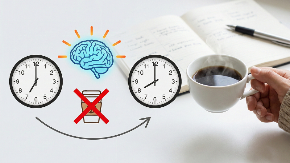 Sabah kahve içme zamanlamasını gösteren bir infografik: Uykudan uyandıktan sonraki ilk 60-90 dakika boyunca kortizol zirvesinde kahve içmeme prensibi