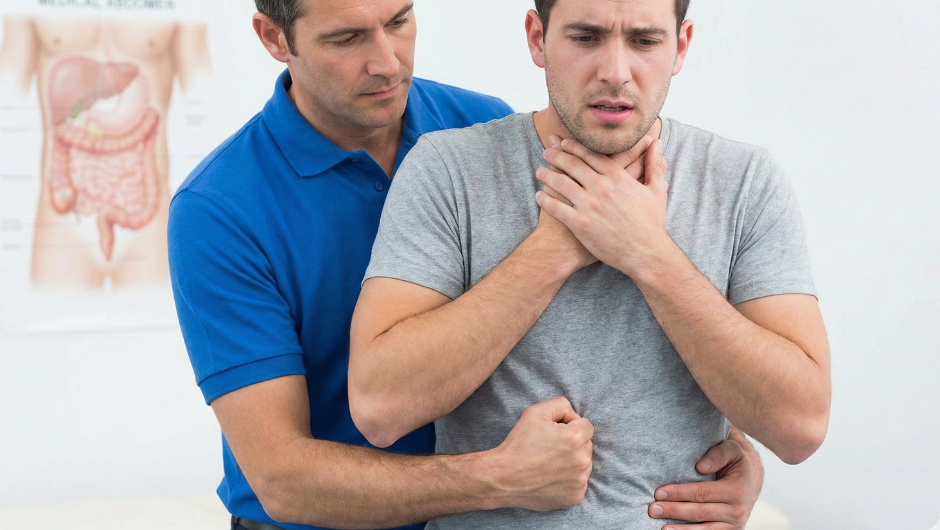 Heimlich Manevrası için yardımcı kişinin, boğulan yetişkinin göbek deliği ile göğüs kemiği arasına yumruğunu doğru şekilde yerleştirmesi ve kişinin boğulma anındaki çaresizliğini gösteren bir pozisyon