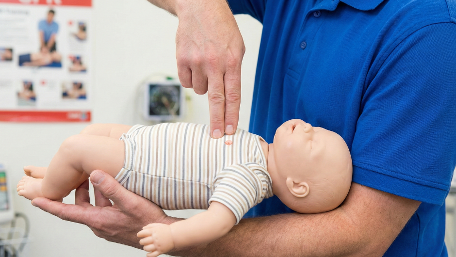 Boğulan bebeklerde ilk yardımın ikinci aşaması: Bebeği sırt üstü, kol üzerinde güvenli bir şekilde destekleyerek iki parmakla göğüs kafesine 5 kez baskı uygulama tekniği