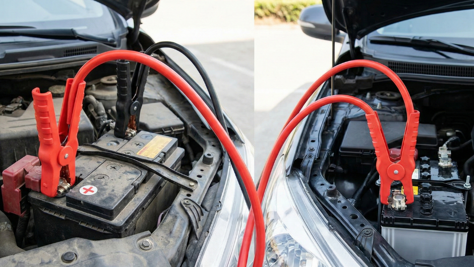 Akü takviyesinde kırmızı (pozitif) kablonun hem bitik hem de canlı aküdeki kırmızı terminallere bağlanma anı